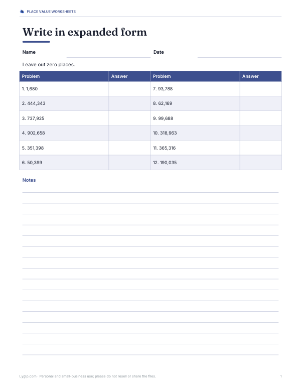 Preview of Expanded Form Place Value Worksheet